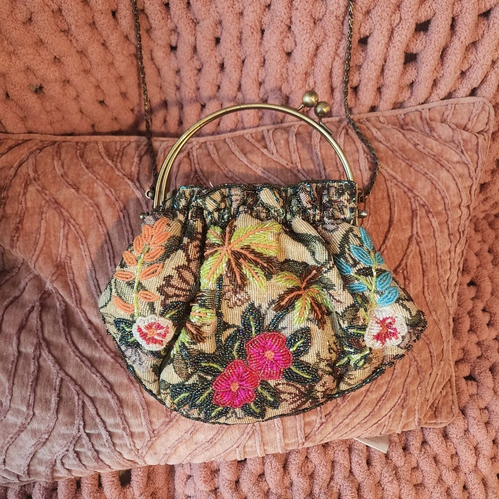 Floral Embroidered Clutch with Gold Accents
